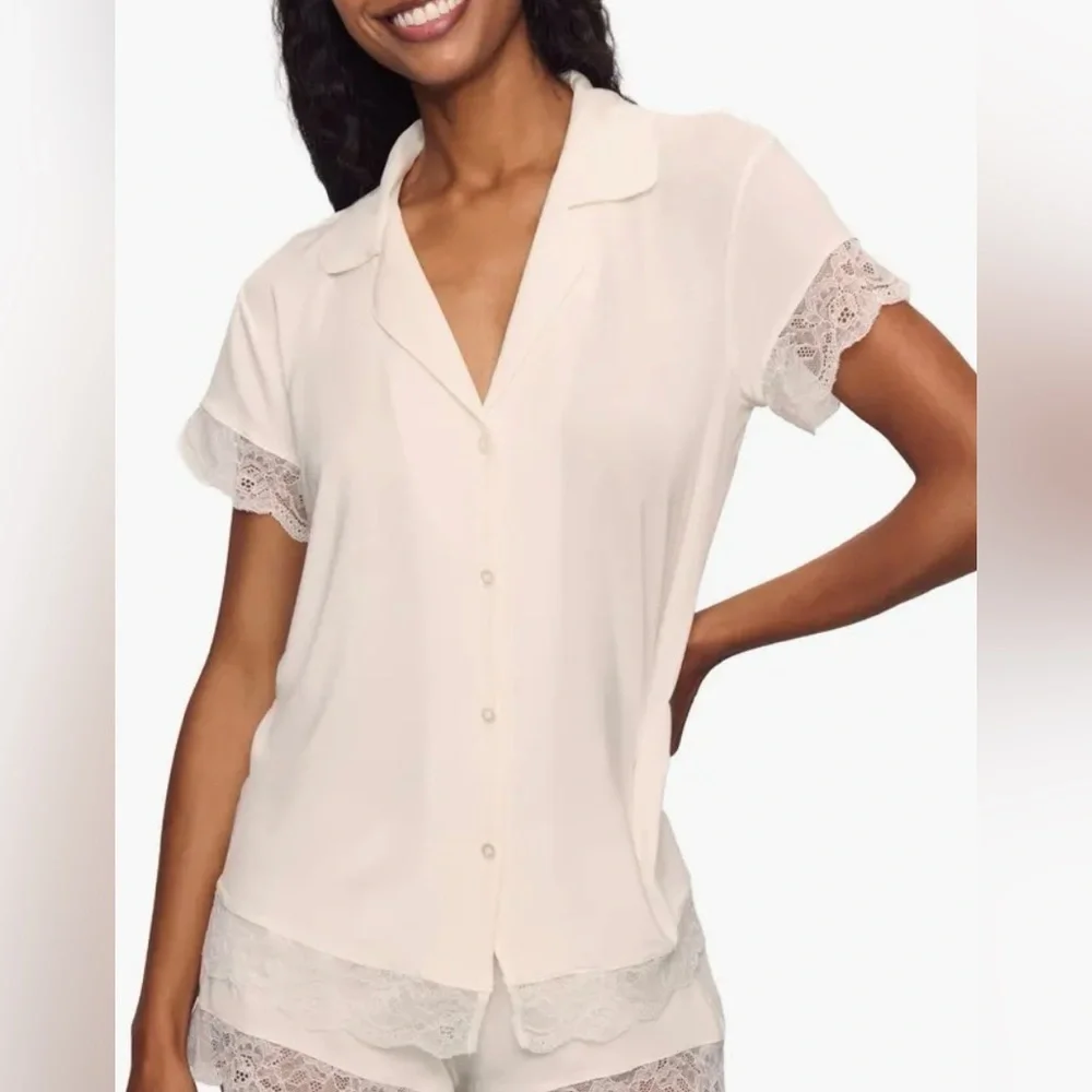 Eberjey 'Malou' Modal Silky Lace Trim Button Up Pajama Top In Blush Pink Sz S - Picture 8 of 8